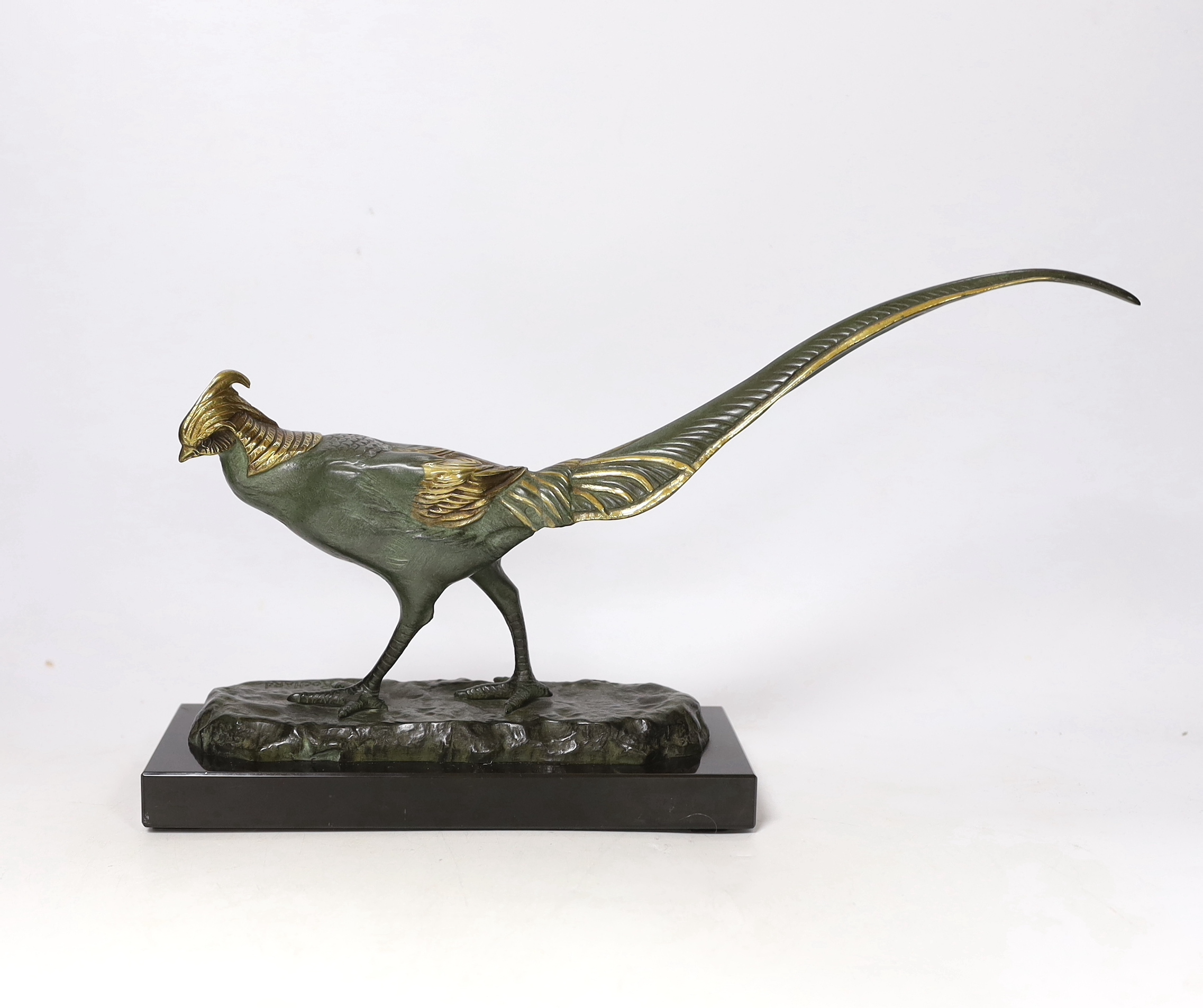 Irénée Rochard (1906-1984), an Art Deco patinated bronze of a pheasant, partially gilt, signed, 36cm wide